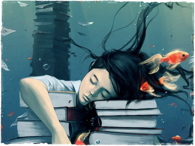 Уставшая девушка спит за книгами