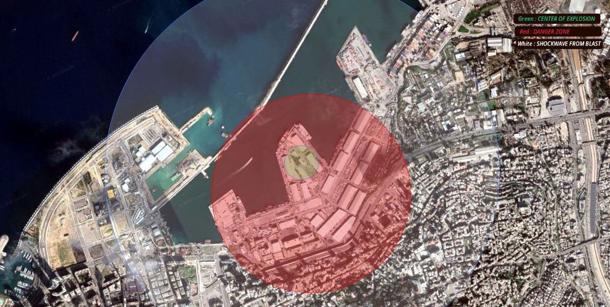 Зона поражения взрыва в Бейруте на карте